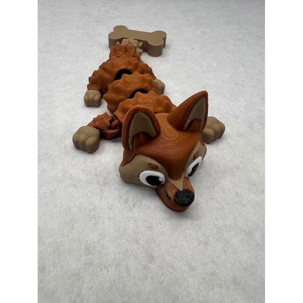 3D Printed Articulated Dog Figurine Brown Tan Flexible Fidget Toy with Bone